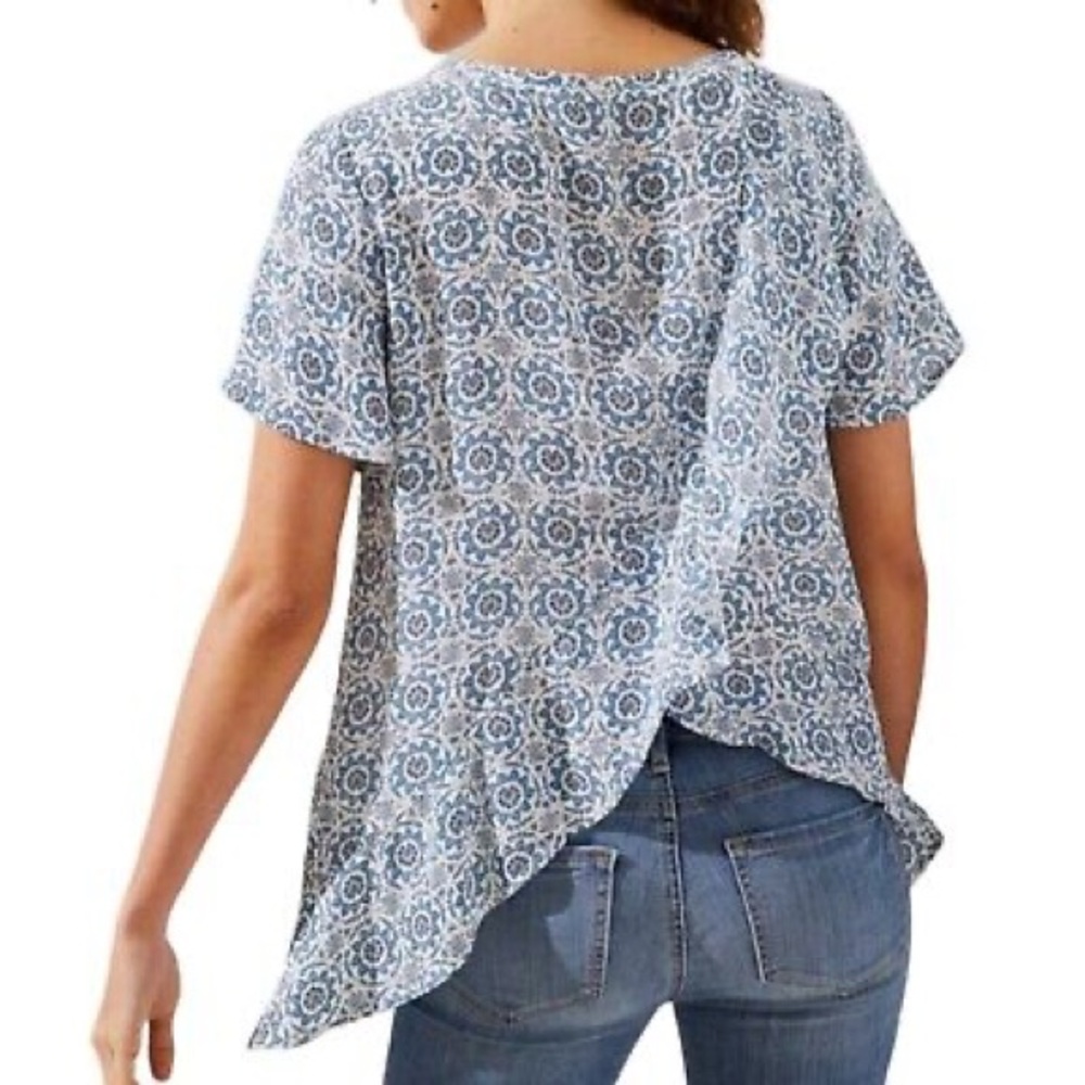 Loft Ruffle Blue Medallion Top, crossover back